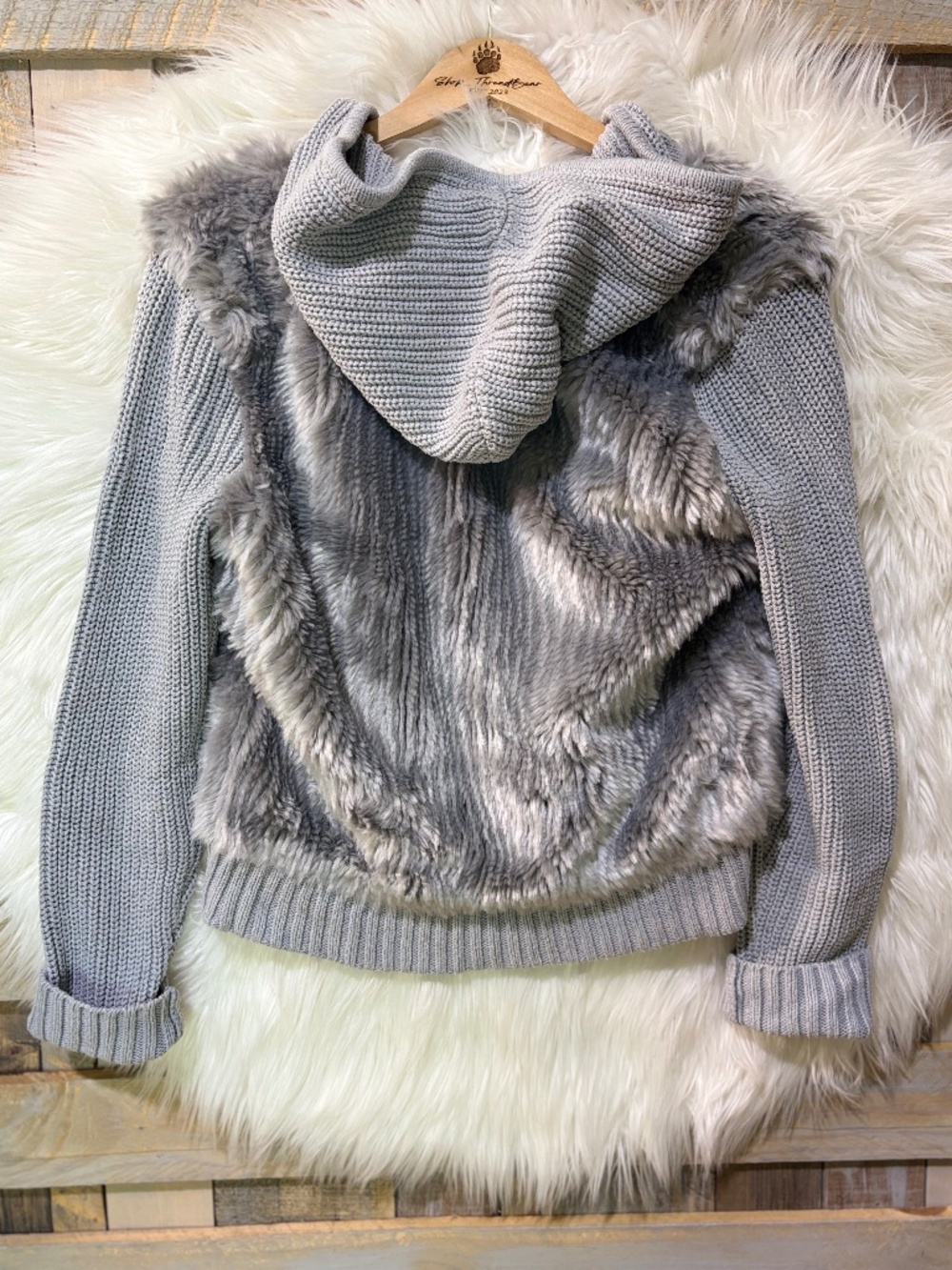 Like New [Michael Kors] Silver Gray Grey Faux Fur Hooded Sweater Jacket | Medium - Picture 3 of 15